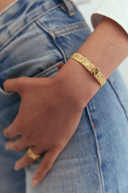 Wattle Cuff Bracelet with Engraved Initial 24K Gold Plate (PRE-ORDER)